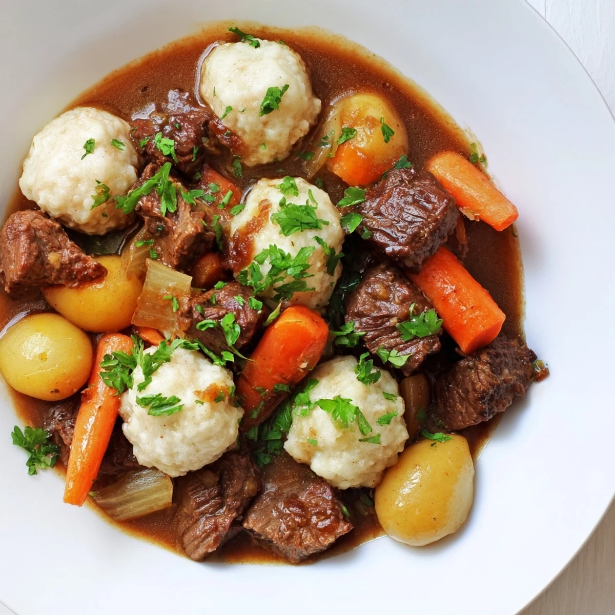 Hearty Irish Beef Stew with fluffy dumplings bubbling in a rich, savory broth, served with crusty bread on the side.