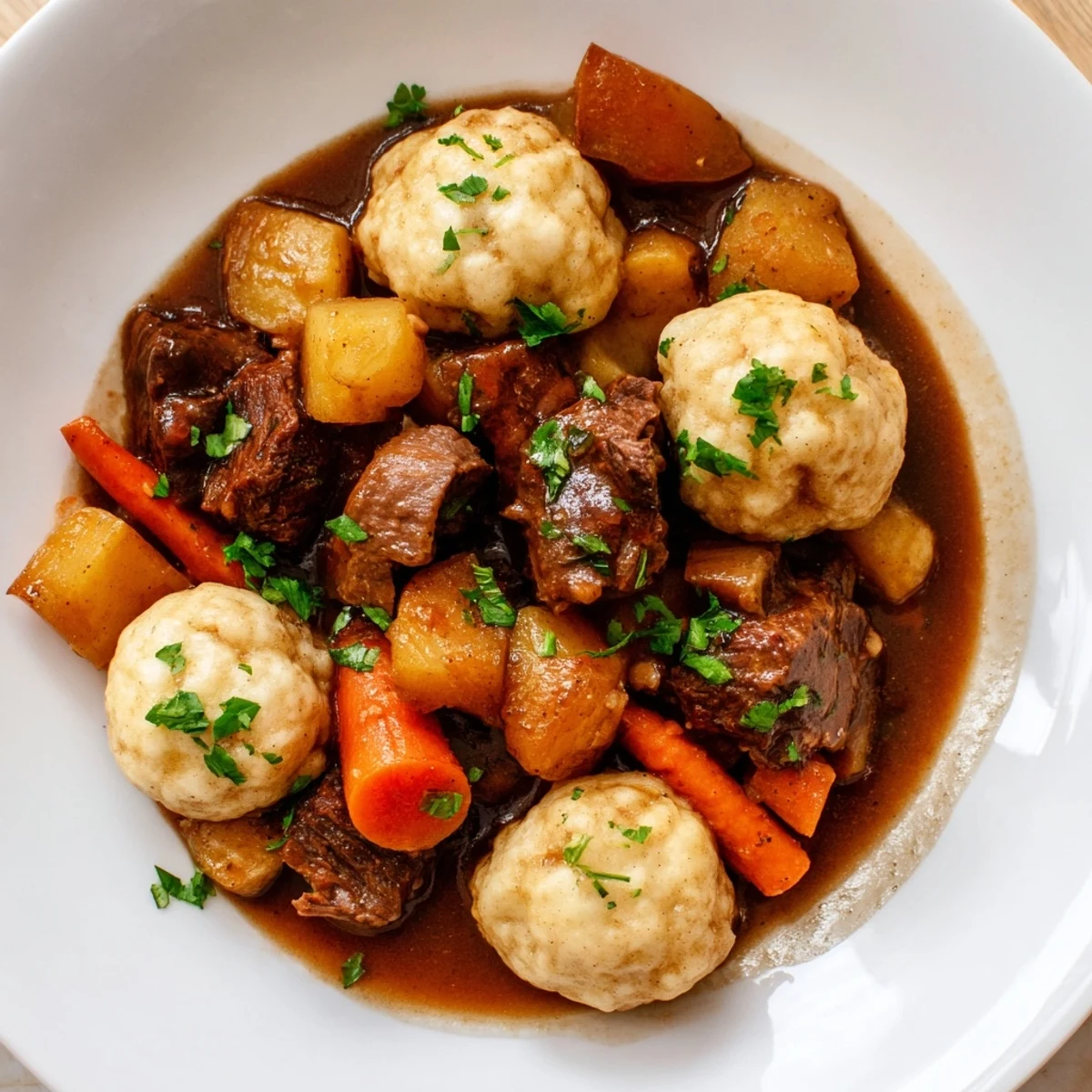 A close-up of Irish Beef Stew with Dumplings in a bowl, garnished with fresh parsley, ready to enjoy.
