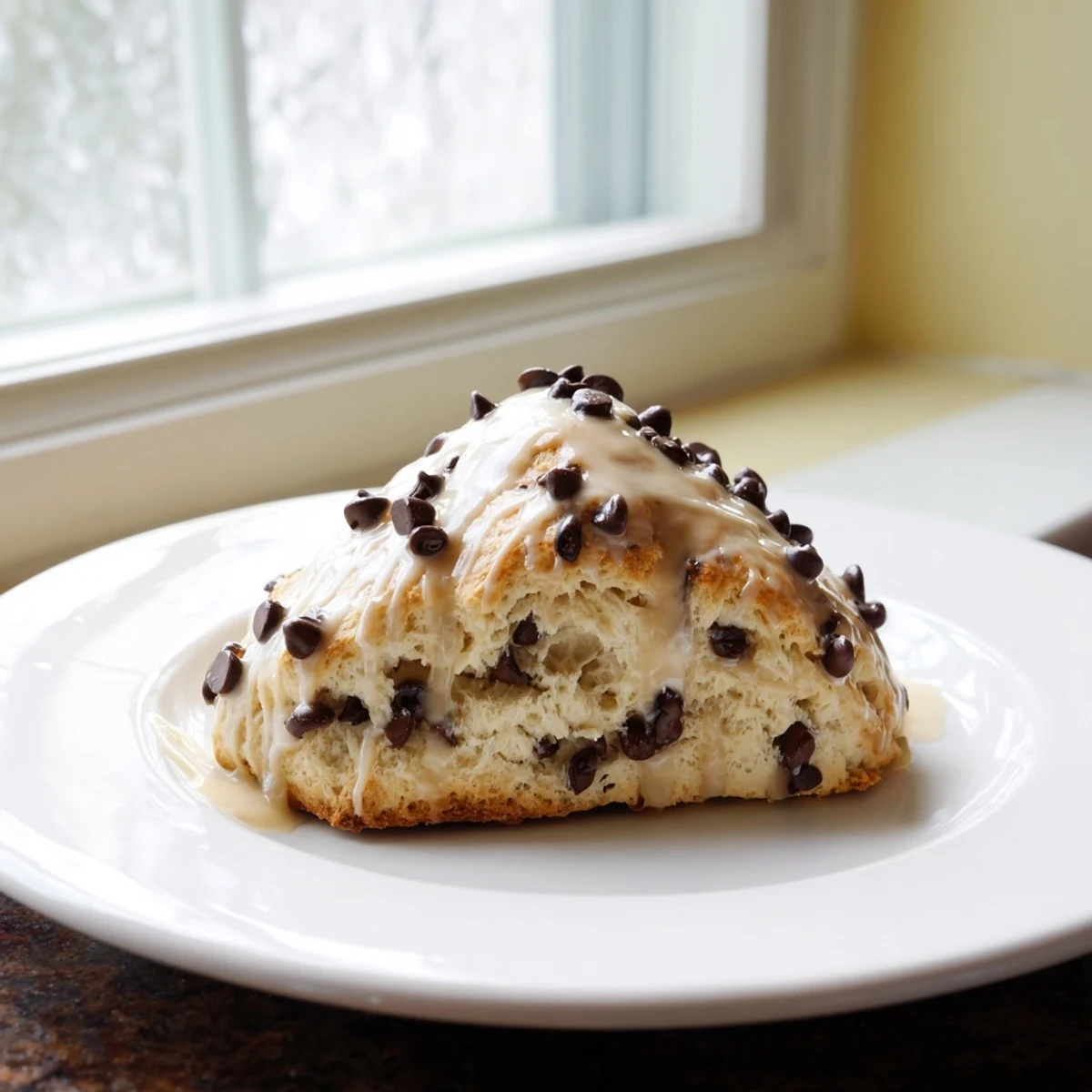 Eight warm, golden-brown Chocolate Chip Scones arranged on a rustic wooden board, studded with melty semisweet chocolate chips.