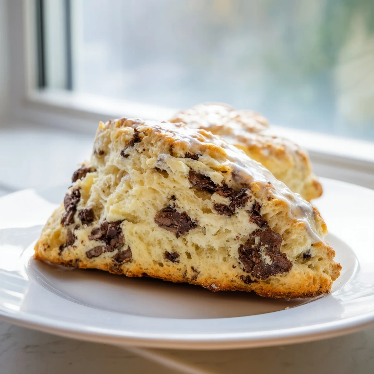 A freshly baked Chocolate Chip Scone is broken in half, revealing tender, buttery crumbs and melted chocolate pieces.