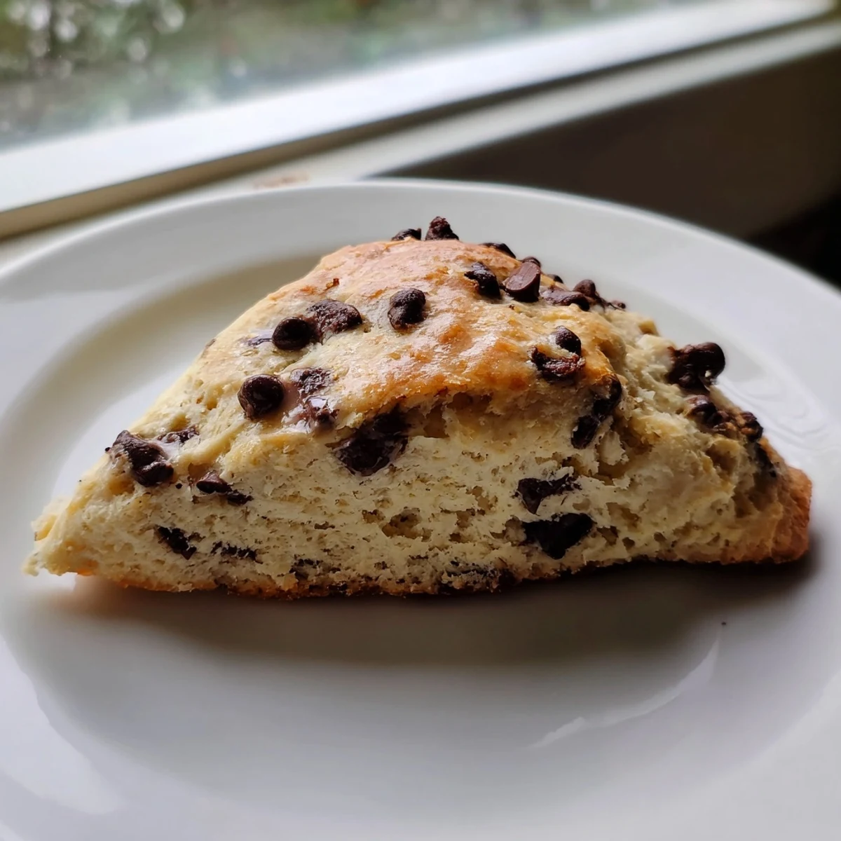 Freshly baked Chocolate Chip Scones with a golden crust, served on a white plate with a steaming mug of coffee.