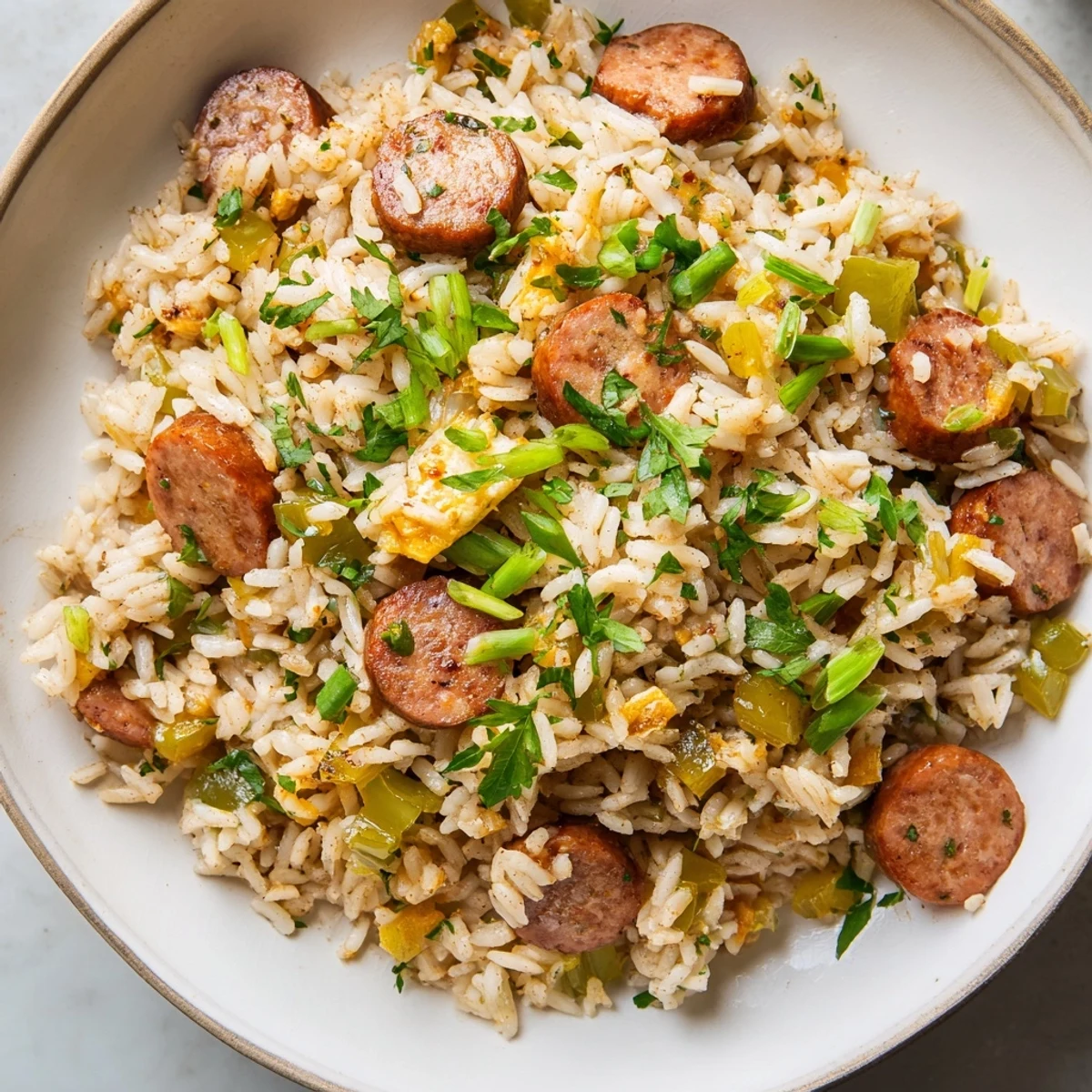 A close-up of Mardi Gras Dirty Rice with Sausage, featuring andouille and tender chicken livers on fluffy, spiced rice.