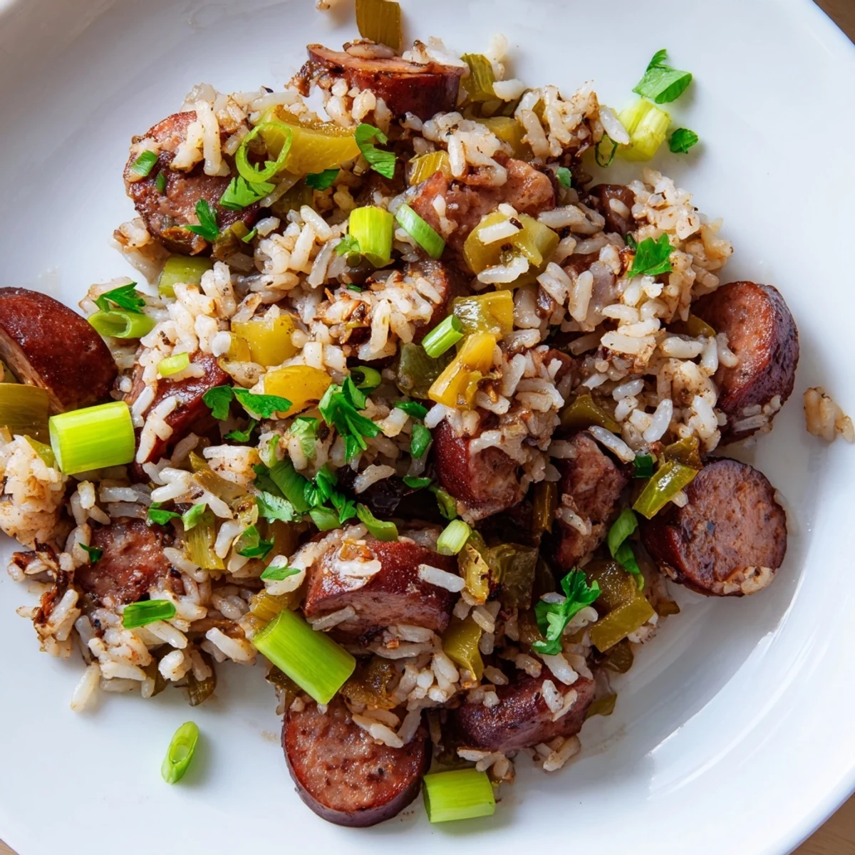 This bowl of Mardi Gras Dirty Rice with Sausage is garnished with fresh green onions and parsley, perfect for a festive feast.