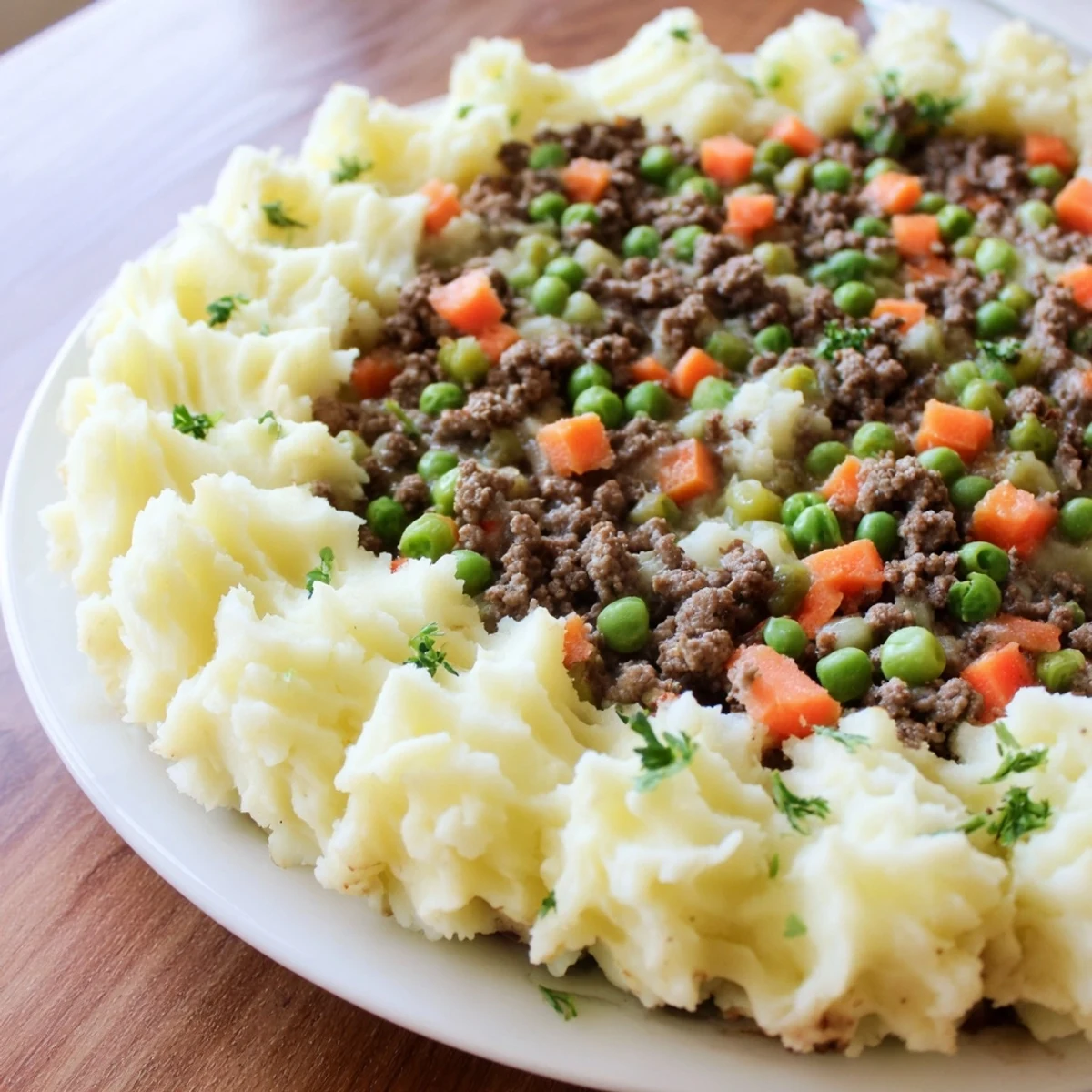 A close-up of golden, fork-marked mashed potatoes topping the Beef Shepherds Pie with Peas, revealing a rich, savory beef filling and bright green peas.