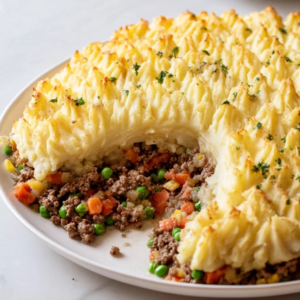 Hearty Beef Shepherds Pie with Peas bubbling from the oven, featuring a creamy potato crust and a side salad for a comforting weeknight dinner.