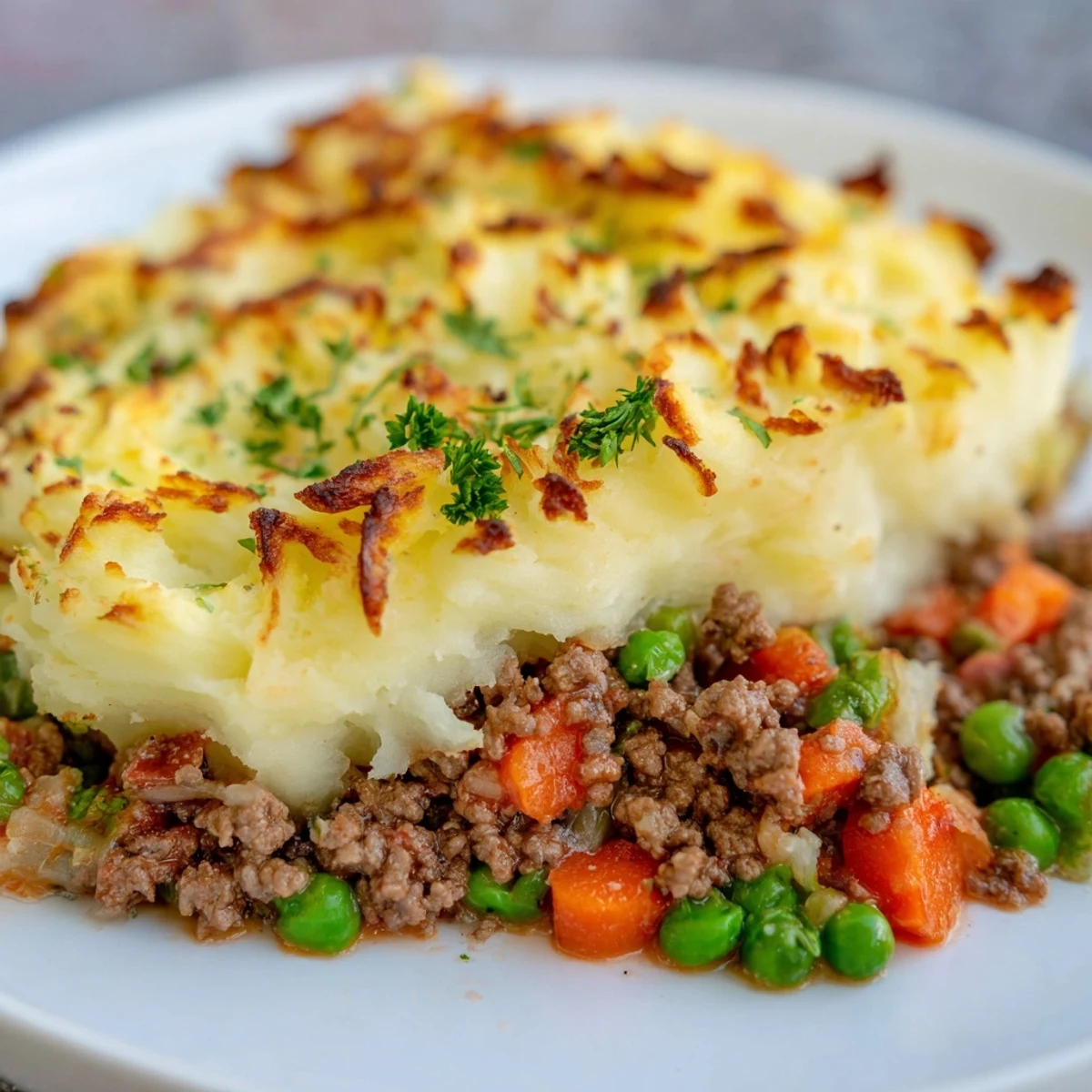 Serving suggestion for Beef Shepherds Pie with Peas: a slice in a white dish with steam rising, highlighting the tender carrots and peas in the beef layer.