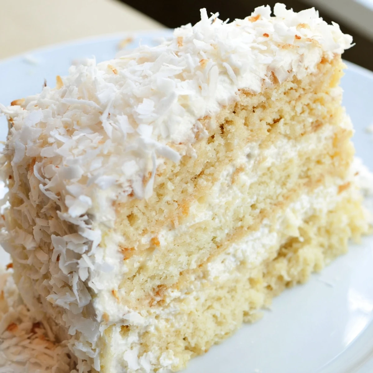 Freshly baked Easter Coconut Cake layered with creamy frosting and covered in fluffy coconut flakes on a spring table.  