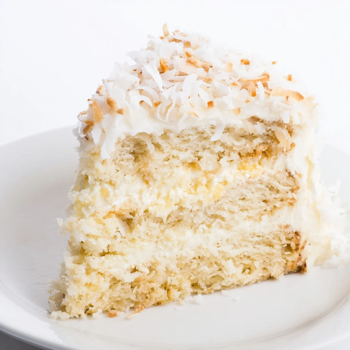 Sliced Easter Coconut Cake reveals moist layers with coconut cream frosting and festive pastel candy egg toppings.  
