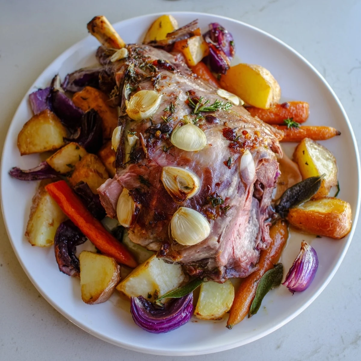 Golden-brown roasted lamb with caramelized root vegetables like carrots, parsnips, and potatoes sits glistening on a rustic platter.