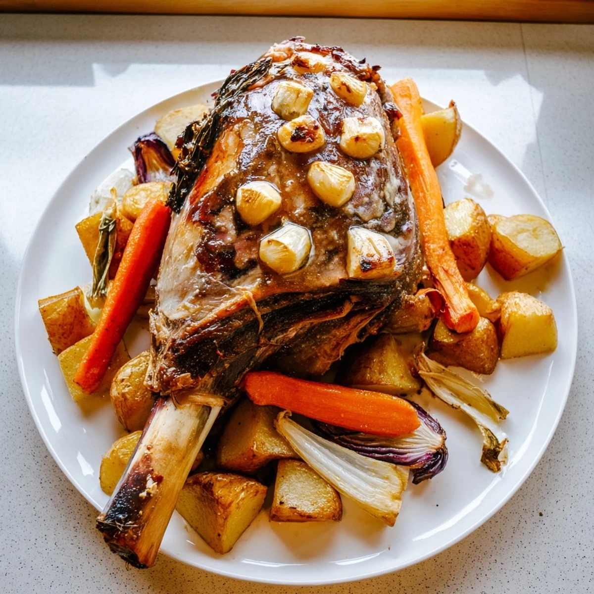 Tender slices of Roasted Lamb with Root Vegetables are arranged alongside aromatic rosemary and thyme garnish for a family-style meal.