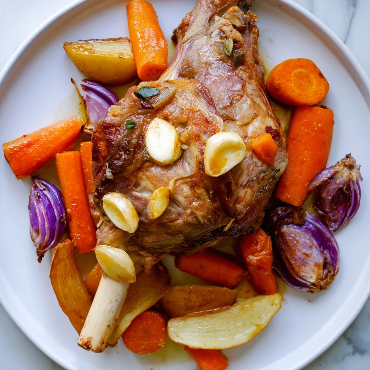 A close-up of Roasted Lamb with Root Vegetables shows juicy meat and crispy vegetable wedges, perfect for a hearty dinner.