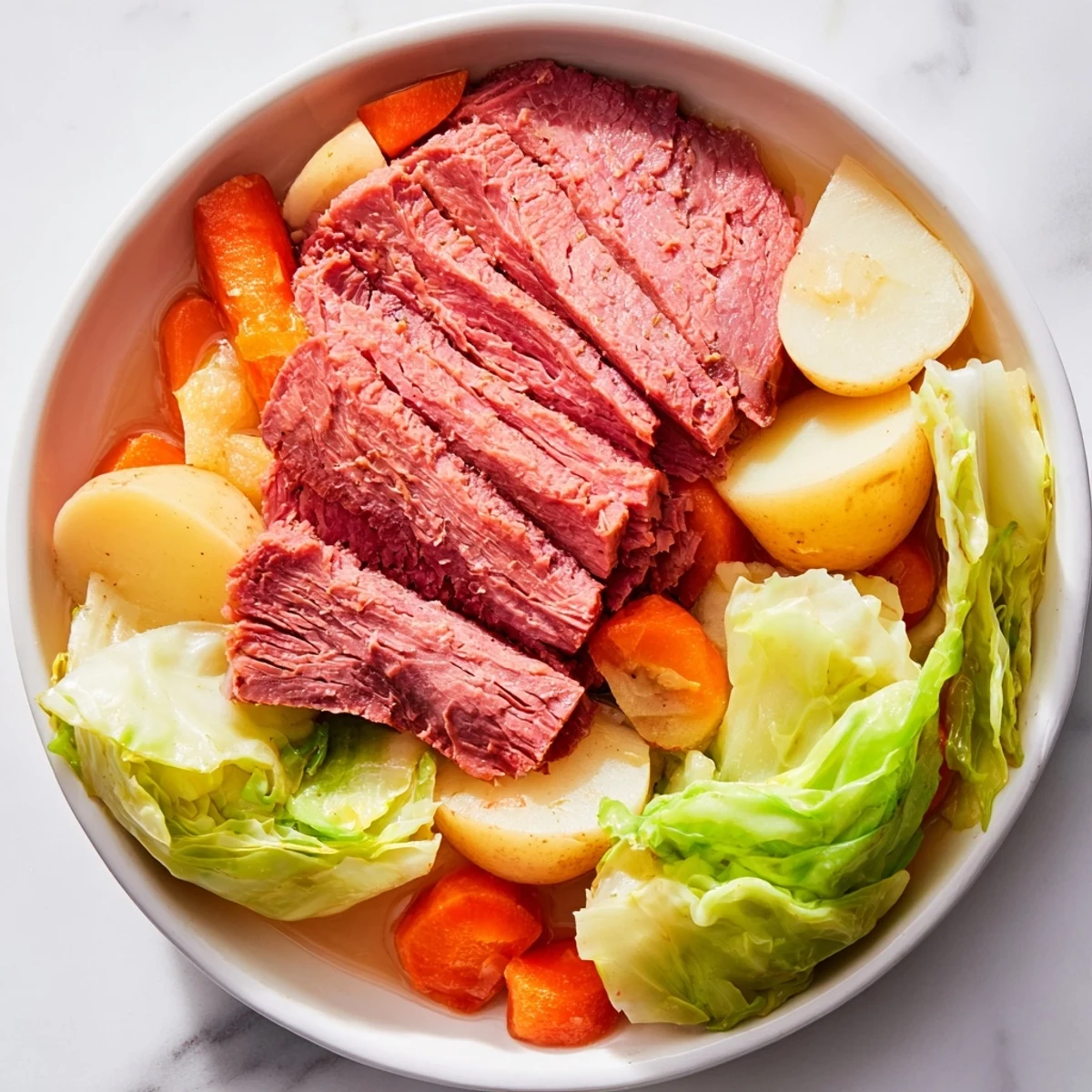 Sliced tender corned beef brisket nestled with vibrant cabbage wedges, carrots, and potatoes in a savory broth, ideal for a hearty St. Patrick’s Day dinner.