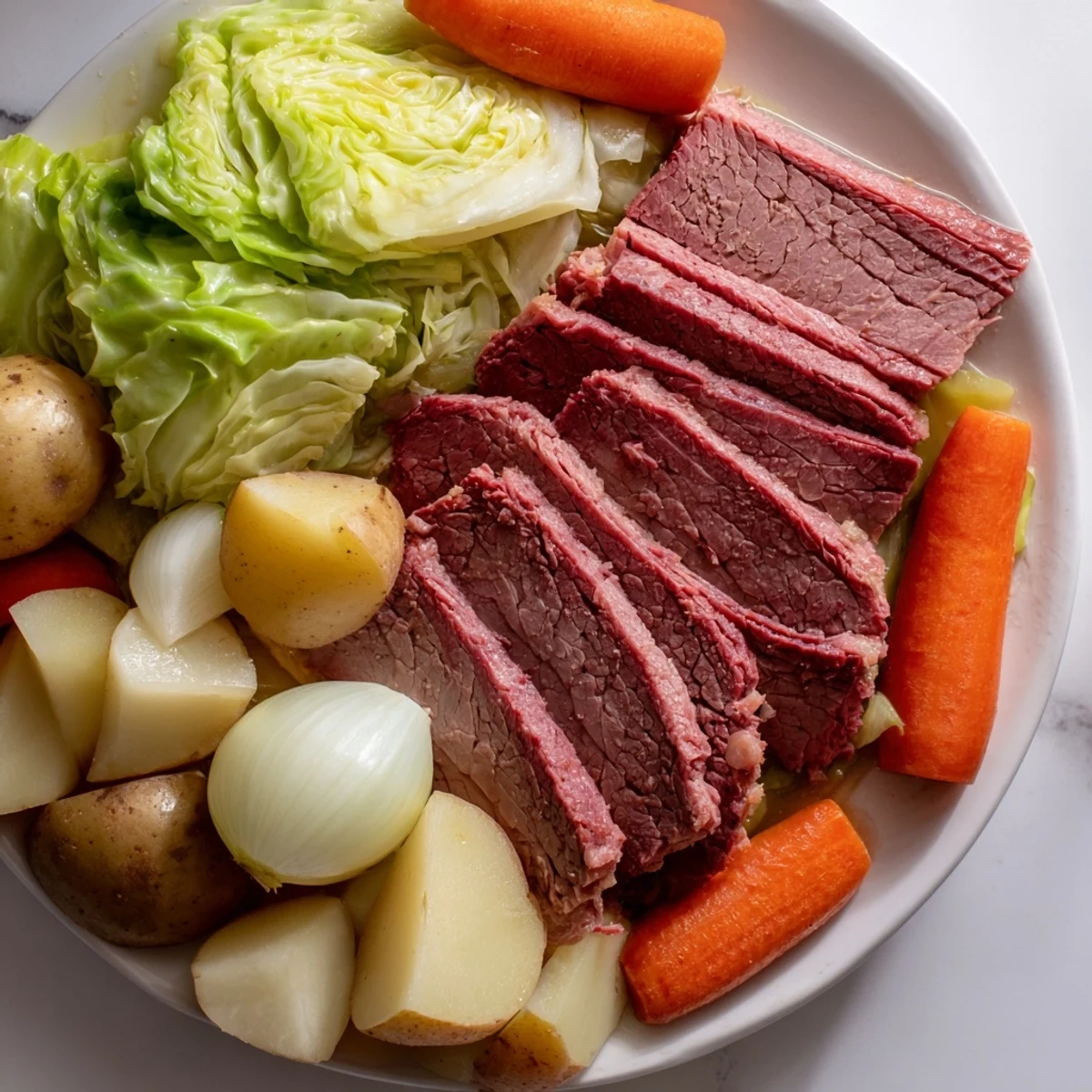 This steaming platter of classic corned beef and cabbage showcases golden potatoes and carrots, offering a comforting, gluten-free Irish-American family meal.