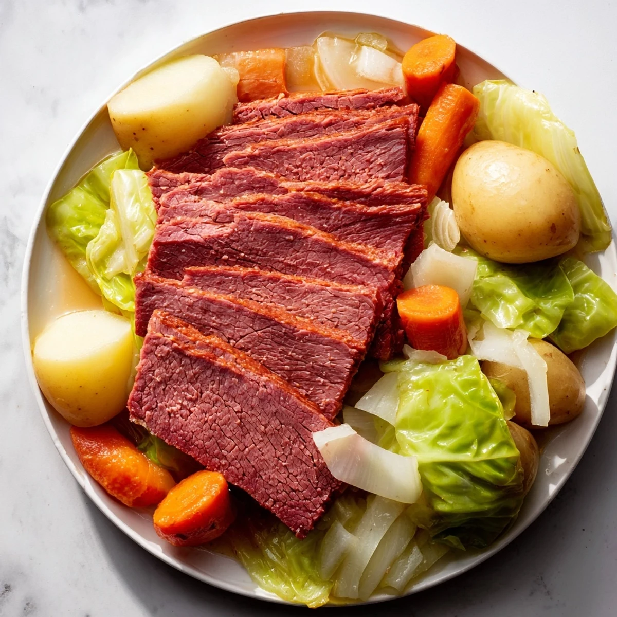 Homemade corned beef and cabbage served with mustard on the side, featuring succulent meat, soft cabbage, and vegetables cooked to perfection.