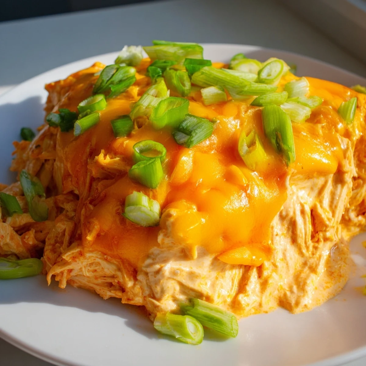 Spicy Buffalo Chicken Dip with Tortilla Chips garnished with green onions and ready for dipping.