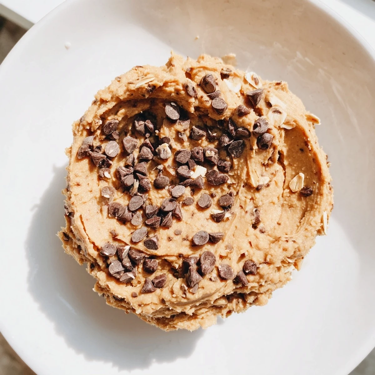 Creamy chocolate chip cookie dough hummus served in a bowl with apple slices and graham crackers for dipping.