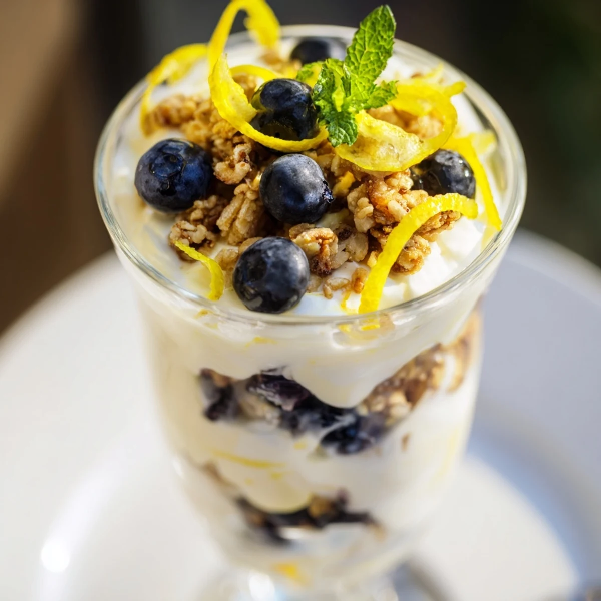 A close-up of Lemon Blueberry Yogurt Parfait with granola layers in a glass, showing vibrant blueberries and creamy yogurt.