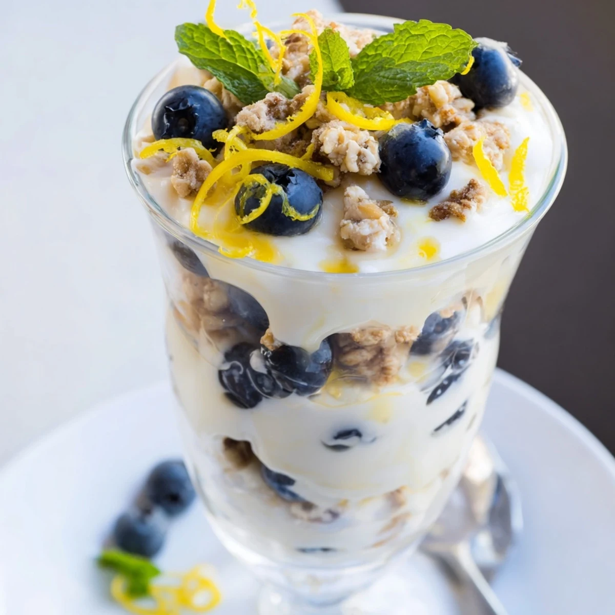 Lemon Blueberry Yogurt Parfait topped with granola and fresh mint in a mason jar on a wooden table.