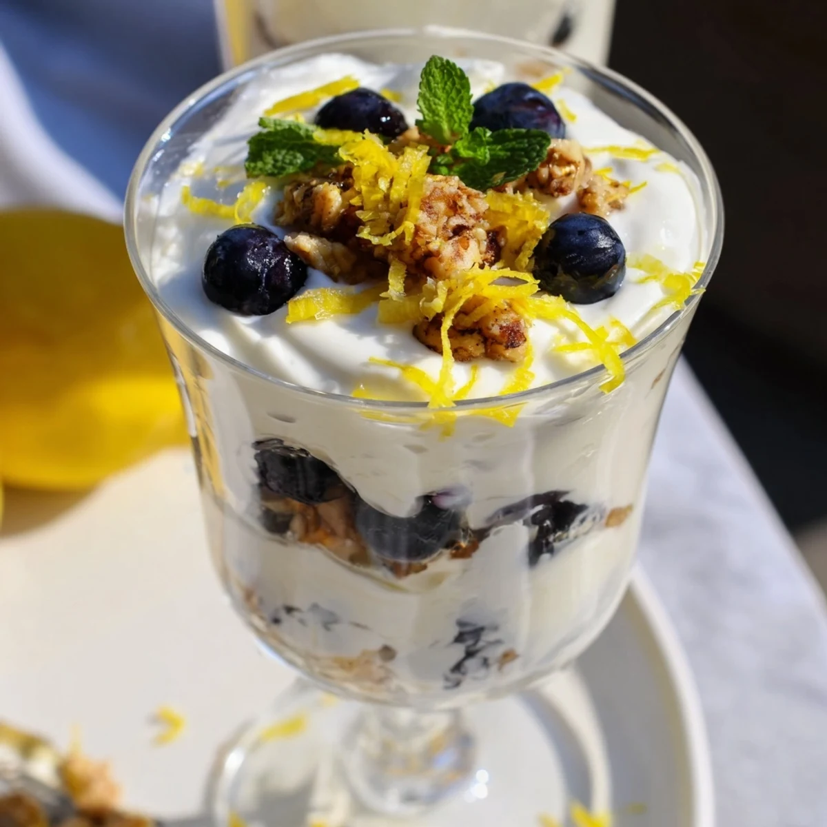Clear glass reveals Lemon Blueberry Yogurt Parfait layers with crunchy granola and juicy blueberries, perfect for breakfast.