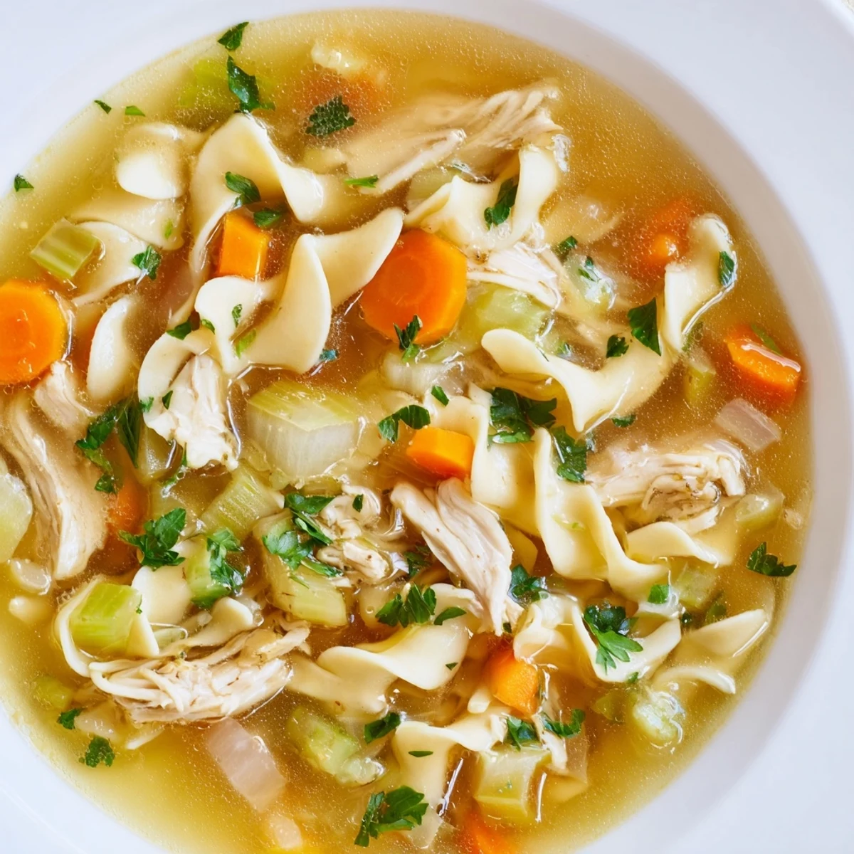Steaming bowl of Chicken Noodle Soup with silky homemade noodles, carrots, celery, and shredded chicken garnished with fresh parsley.