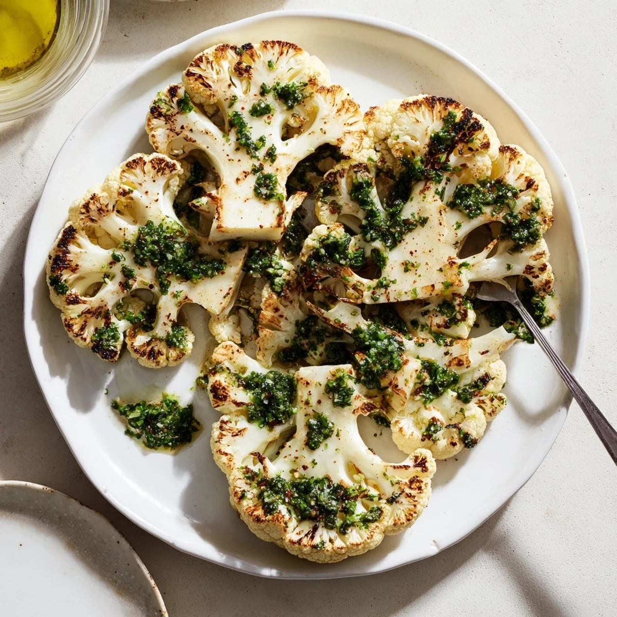 Golden roasted cauliflower steaks, generously drizzled with a bright, herby chimichurri sauce, served on a rustic plate for dinner.