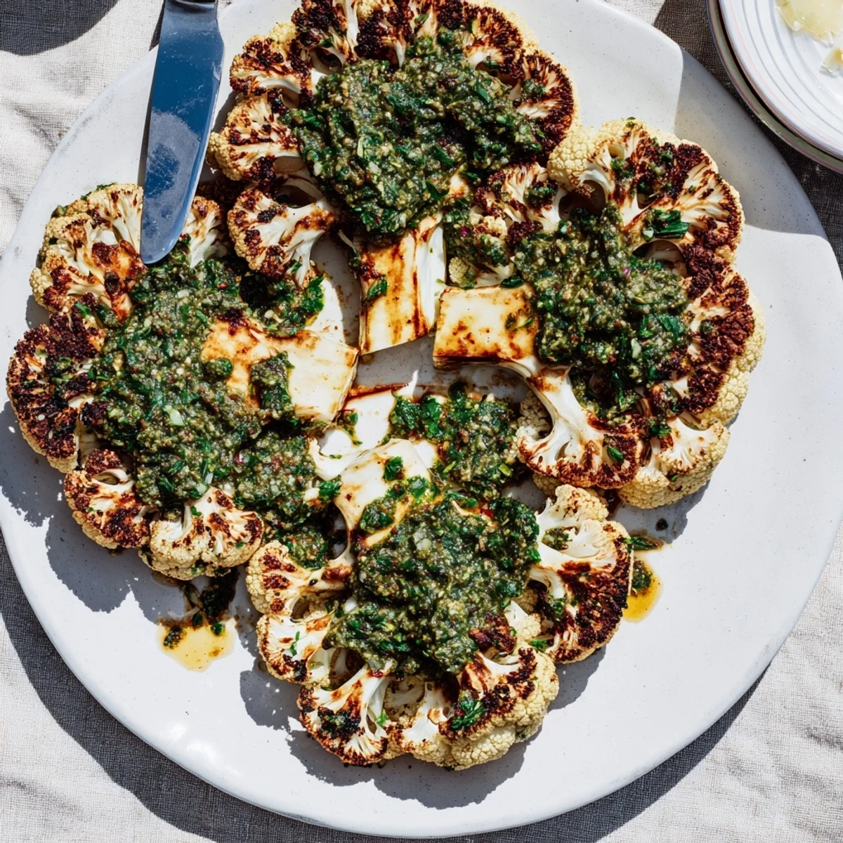 A close-up of roasted cauliflower steaks with chimichurri, ready to be served alongside quinoa or a fresh salad.