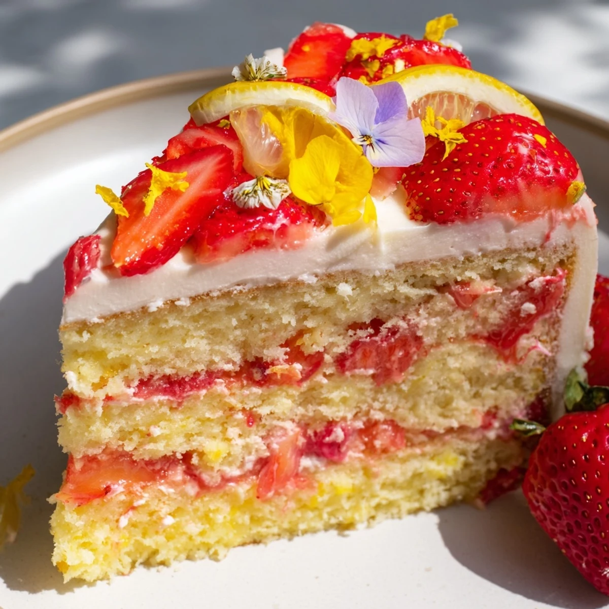 A close-up of a slice of Strawberry Lemonade Layer Cake reveals moist lemon cake and vibrant strawberry filling between creamy frosting layers.