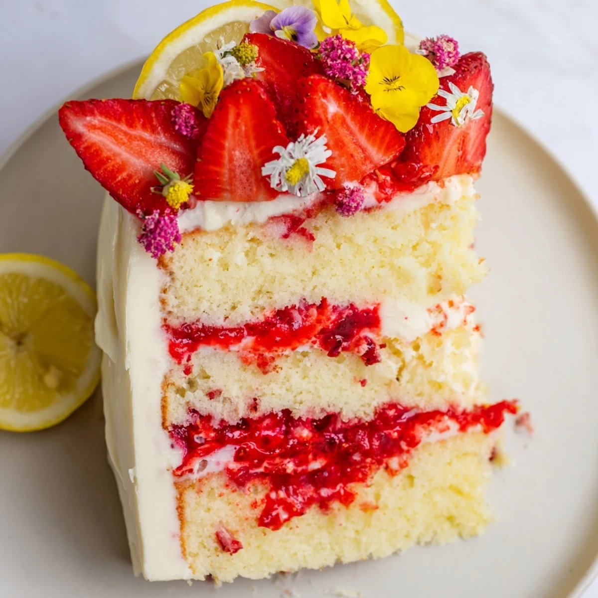 A whole Strawberry Lemonade Layer Cake decorated with fresh strawberry halves, lemon slices, and edible flowers sits on a cake stand.