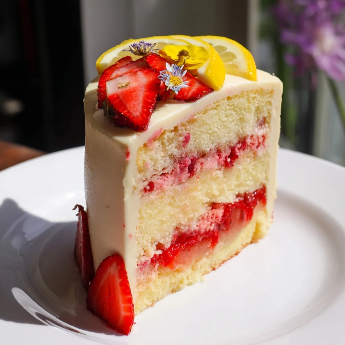 A slice of Strawberry Lemonade Layer Cake is lifted from the cake, showing the luscious strawberry filling and fluffy lemon frosting.