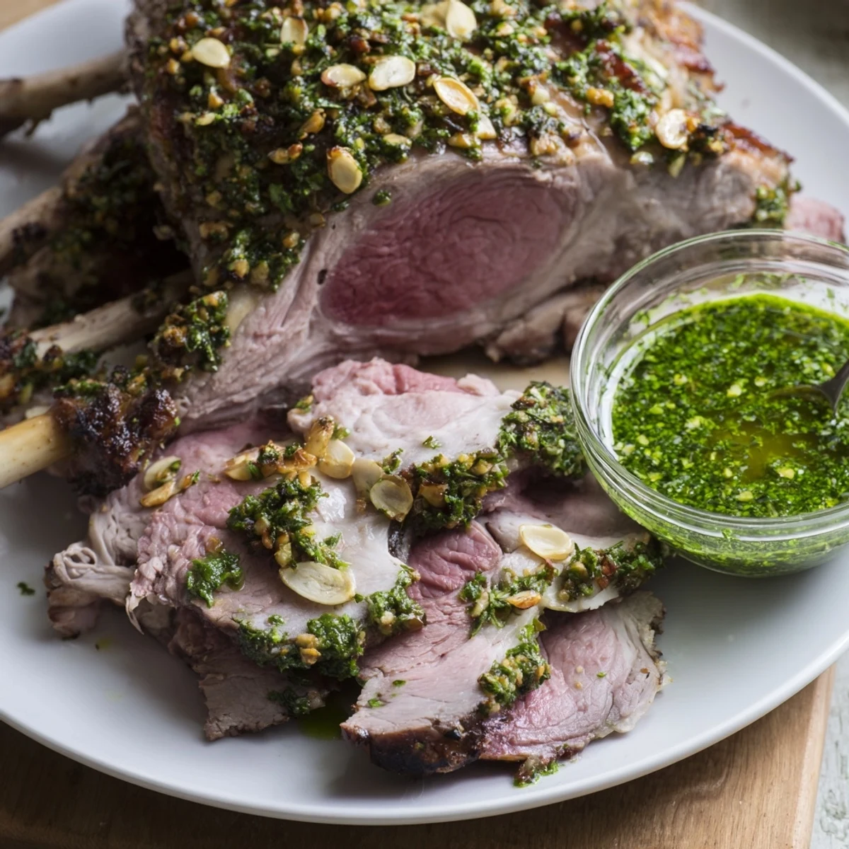 A beautifully roasted leg of lamb with mint sauce, glistening and served alongside roasted potatoes and spring vegetables for a Sunday dinner.