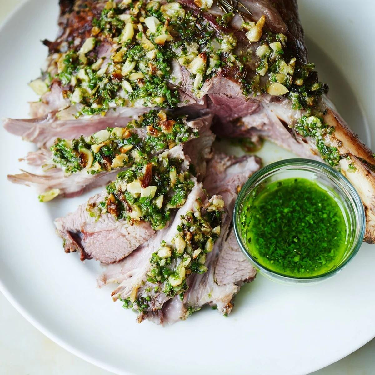 Perfectly carved slices of Roasted Leg of Lamb with Mint Sauce presented on a platter, highlighting the juicy, tender meat and fresh herbs.