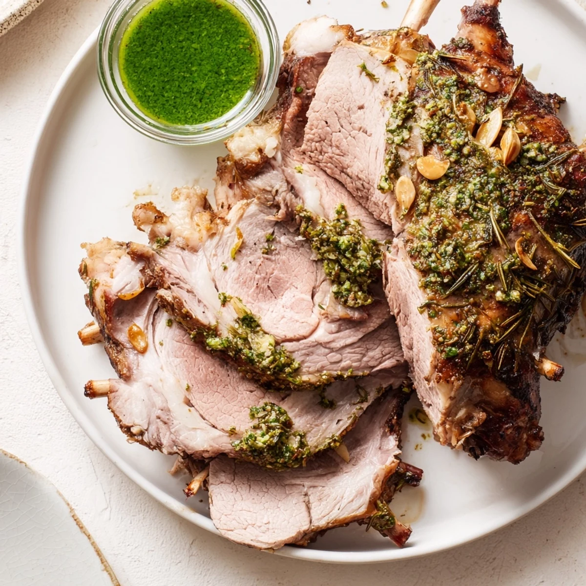Golden brown Roasted Leg of Lamb with Mint Sauce resting on a cutting board, ready to be served with a vibrant homemade sauce.