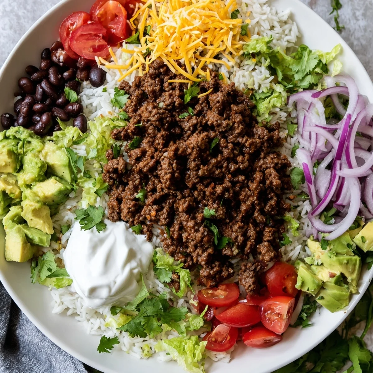 Colorful beef burrito bowls layered with fluffy cilantro lime rice, seasoned ground beef, and black beans, topped with avocado, cherry tomatoes, and shredded lettuce for a hearty gluten-free meal.