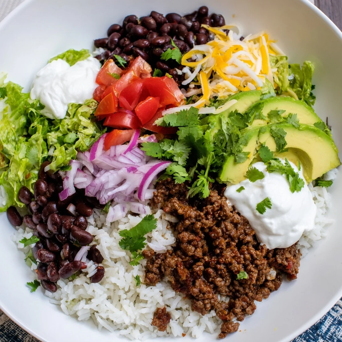 Serving suggestion for easy beef burrito bowls with rice and beans, filled with flavorful ingredients like avocado slices, red onion, and lime wedges on the side.