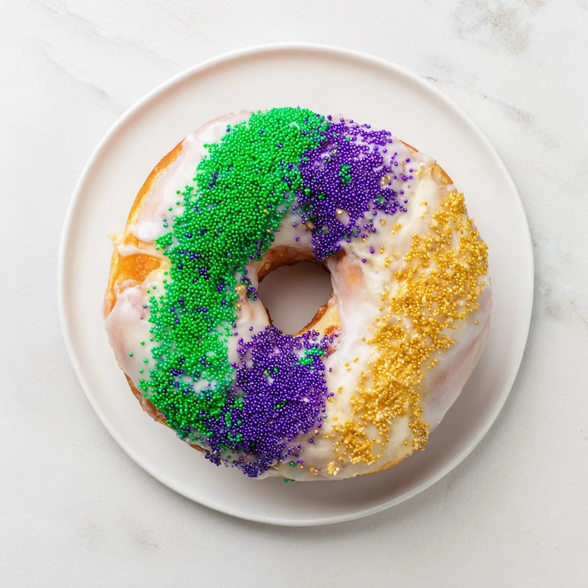 Warm Mardi Gras King Cake Donuts with a sweet vanilla glaze and festive colored sugars in New Orleans style.  