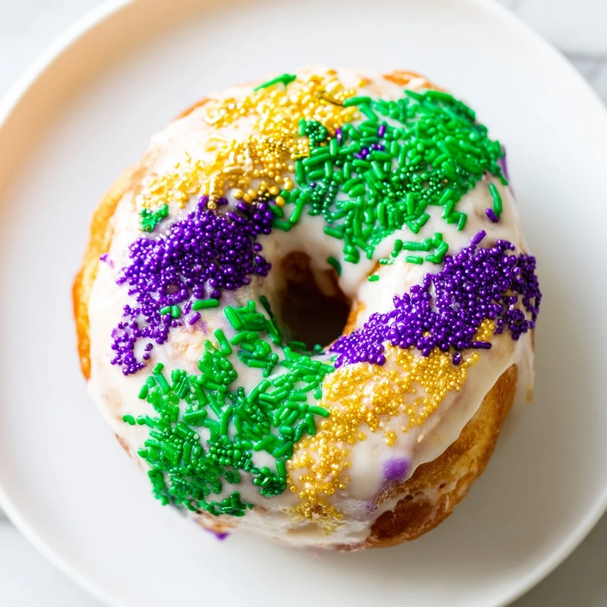 Freshly baked Mardi Gras King Cake Donuts dusted with cinnamon sugar and vibrant Mardi Gras decorations for celebration.