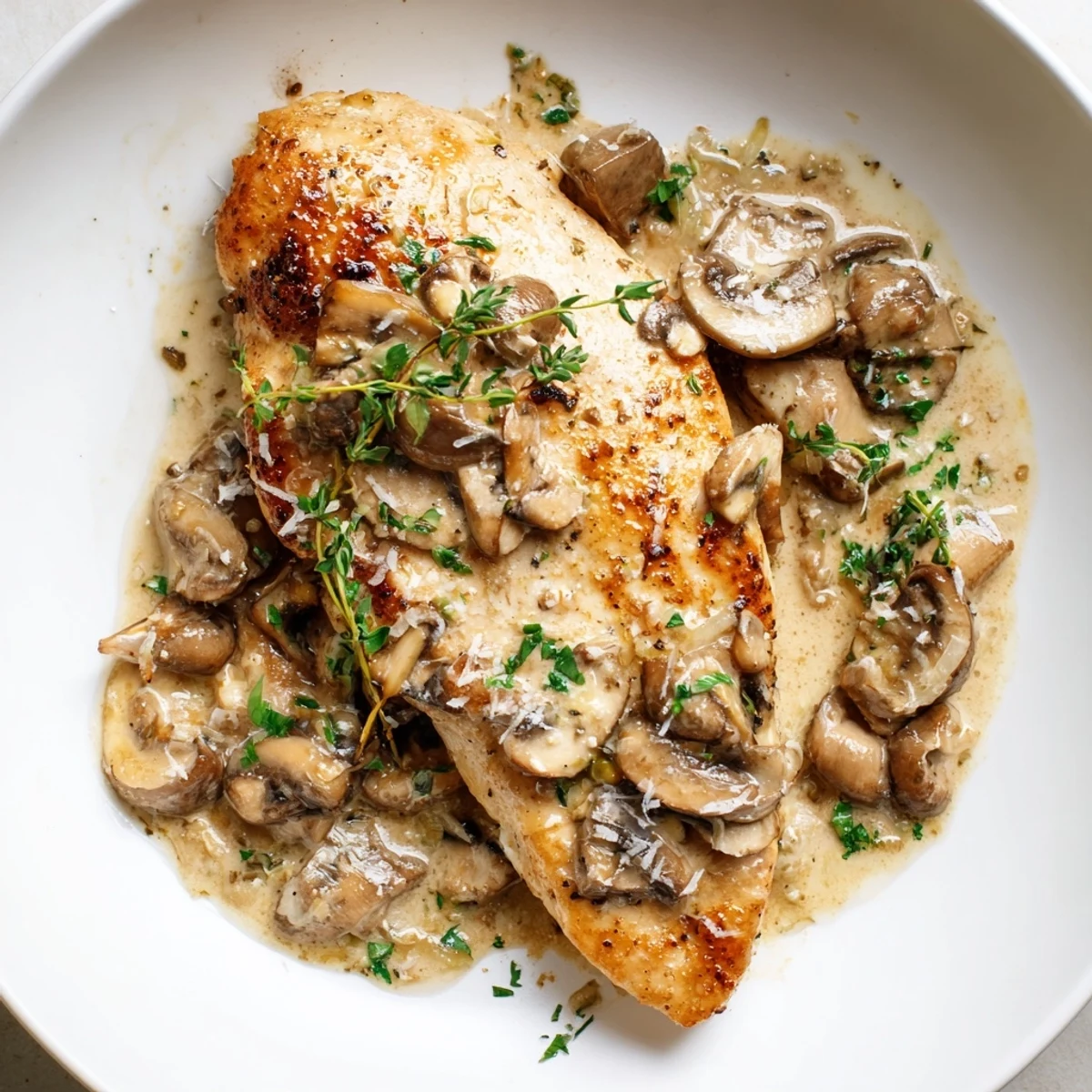 Plated Creamy Garlic Mushroom Chicken with sautéed mushrooms and rich sauce ready to eat.