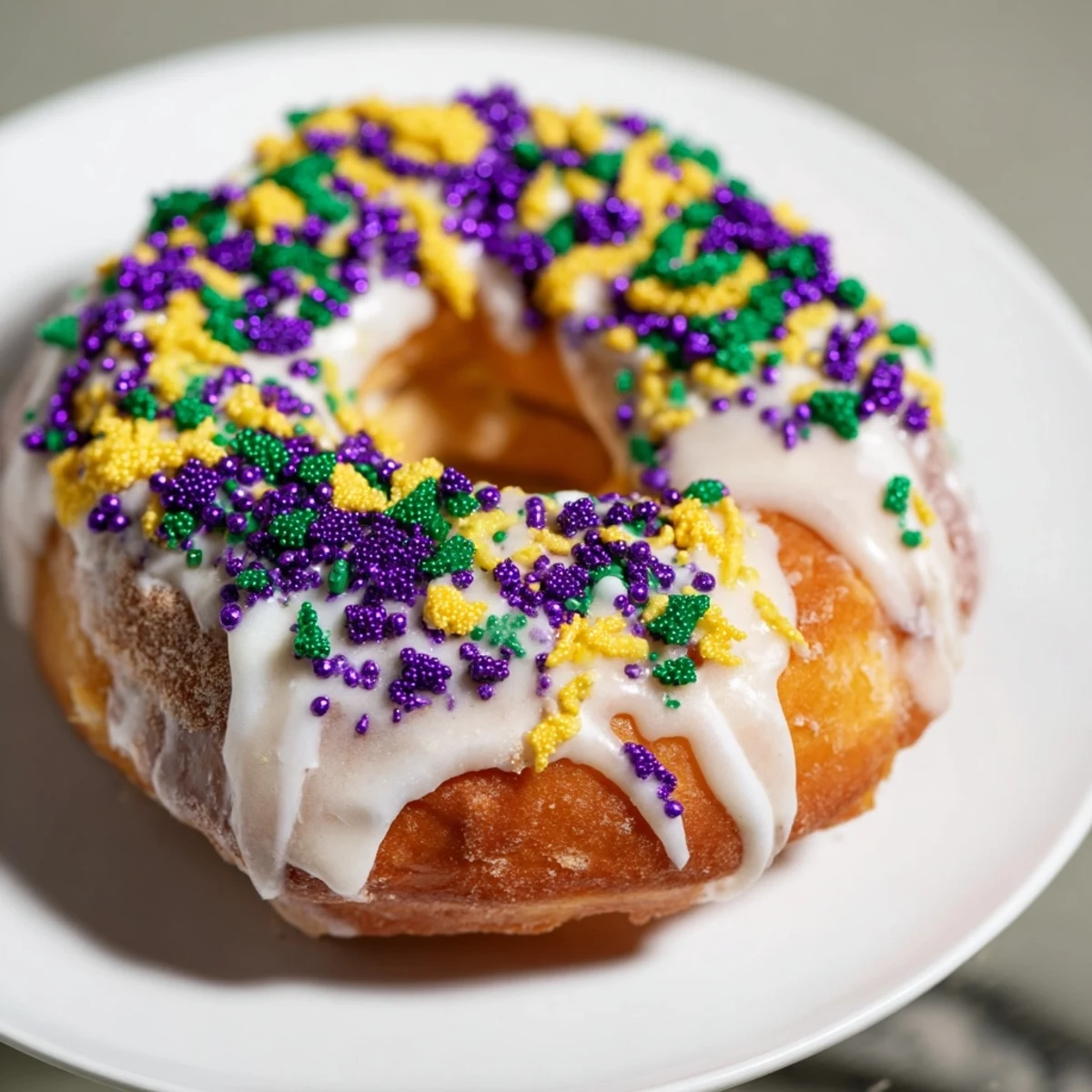 Baked Mardi Gras King Cake Donuts with Sprinkles are glazed and decorated with purple, green, and gold sugar on a rack.