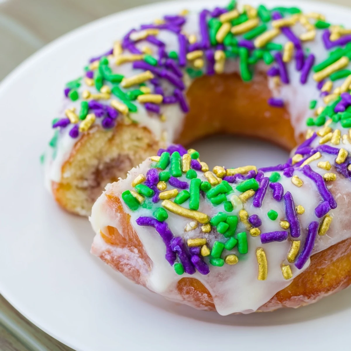 A close-up shows moist Mardi Gras King Cake Donuts with Sprinkles, dusted with cinnamon sugar and ready for Carnival celebration.