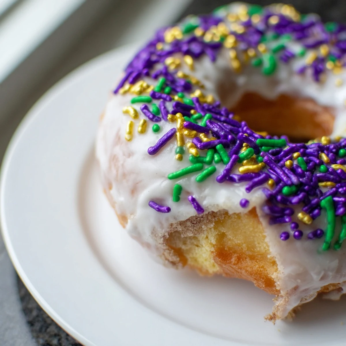 Stack of warm Mardi Gras King Cake Donuts with Sprinkles, glistening with vanilla glaze and colorful festive toppings on a plate.
