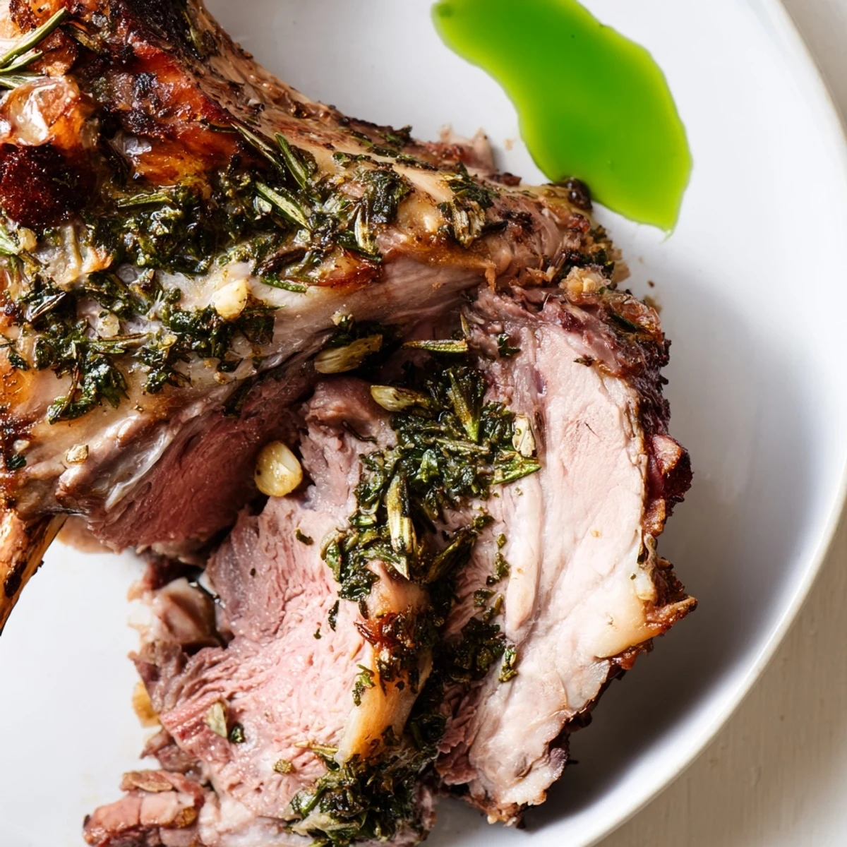 Roasted Leg of Lamb with Mint Jelly presented on a rustic board, carved slices revealing juicy pink meat.