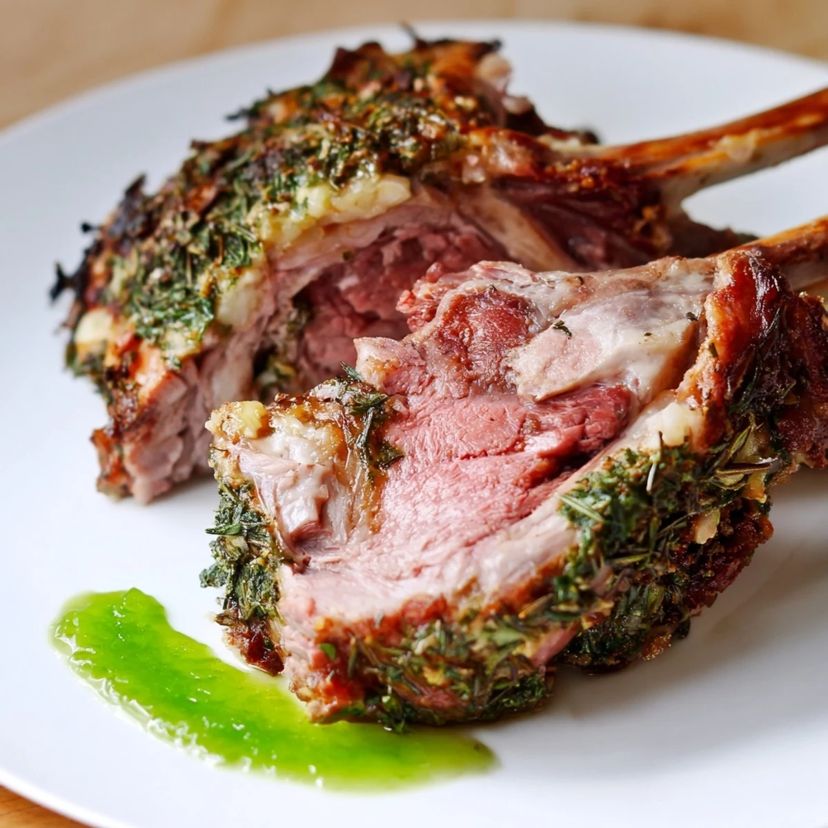 Bright green mint jelly glistens beside the Roasted Leg of Lamb with Mint Jelly, fresh sprigs garnish.