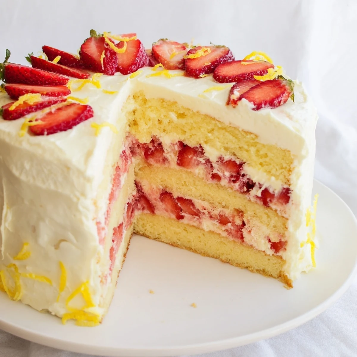 A slice of Strawberry Lemonade Layer Cake with Buttercream shows fluffy lemon sponge, pink strawberry filling, and creamy buttercream frosting.