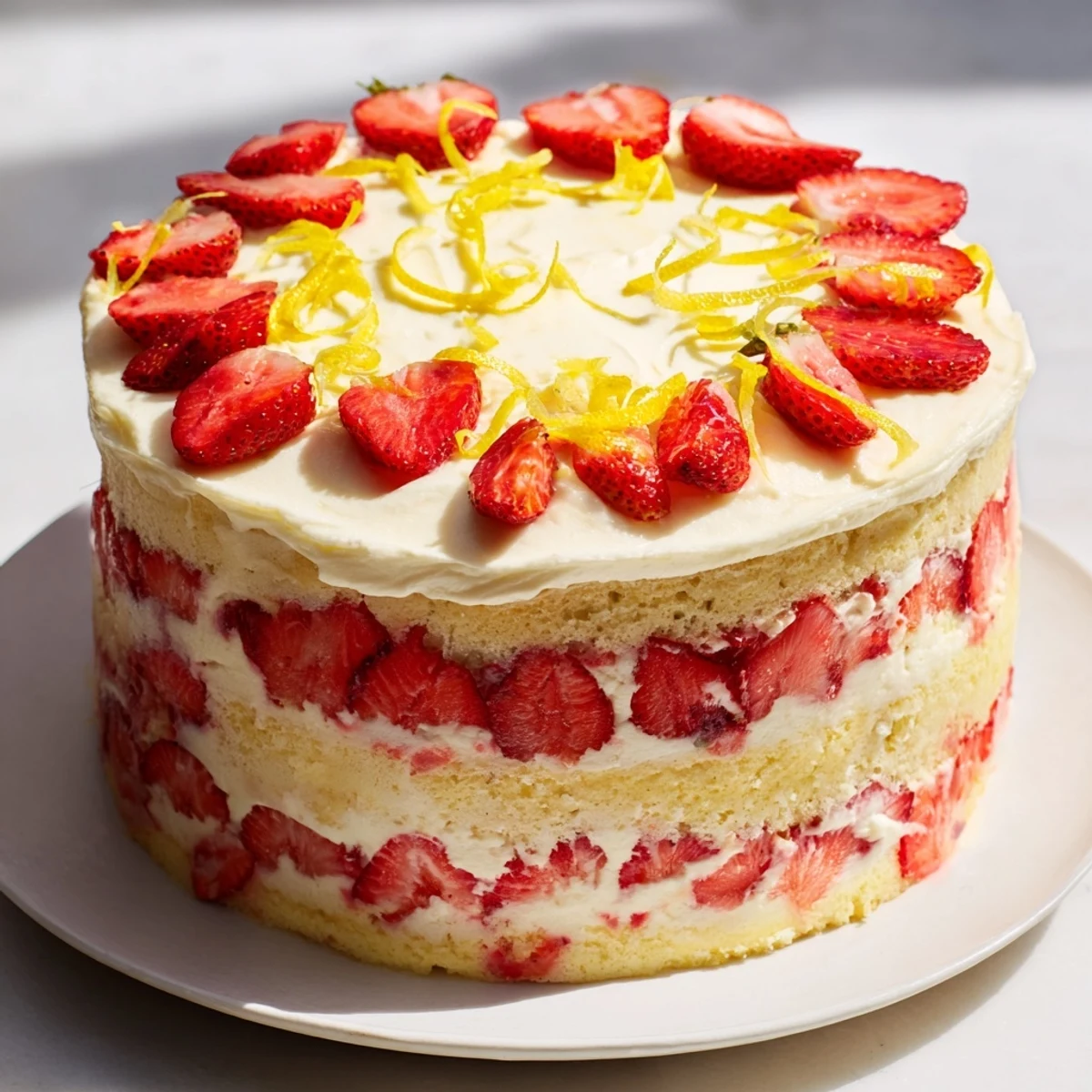 Fresh strawberry slices and lemon zest top this layered cake, a perfect dessert for spring and summer gatherings.