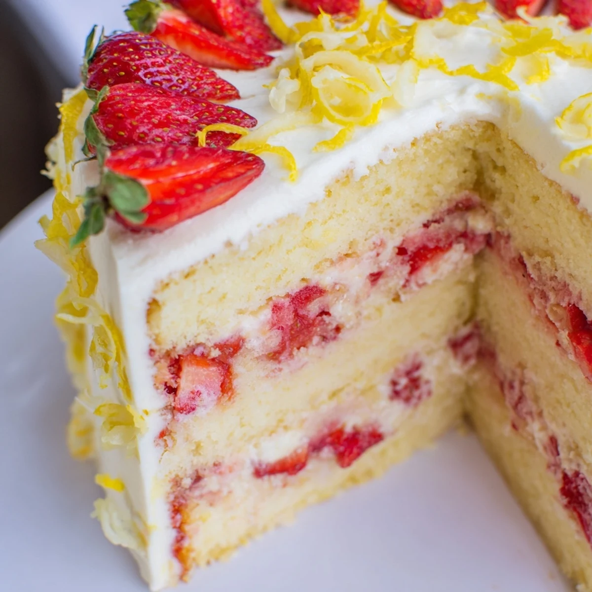 Golden lemon cake layers are filled with glossy strawberry compote and frosted with smooth, tangy lemon buttercream frosting.