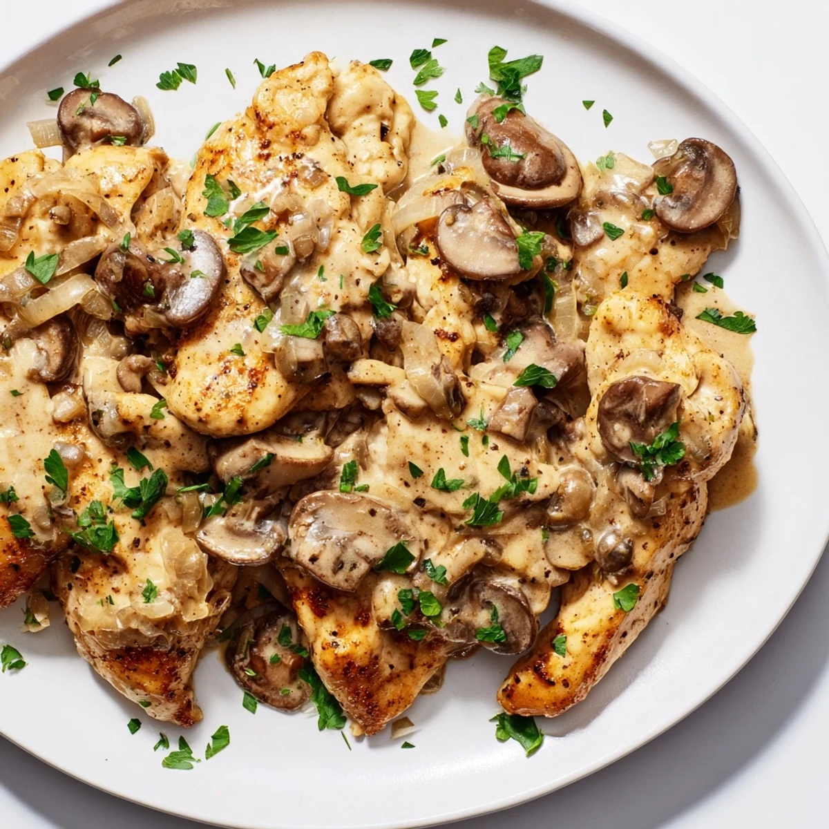 Tender chicken served with mushrooms and herbs in a rich, creamy sauce.