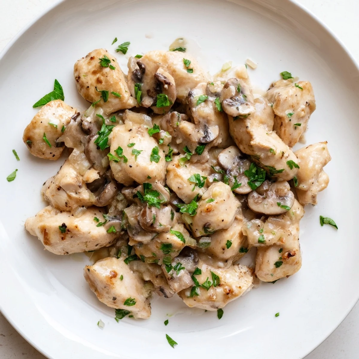Creamy Garlic Mushroom Chicken with Herbs glistens in a rustic skillet.