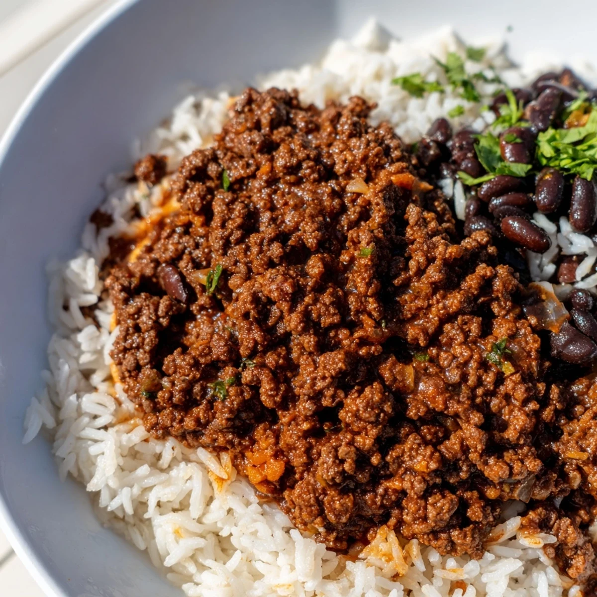 A close-up of Beef Burrito Bowls with Rice and Black Beans featuring seasoned beef, fluffy rice, and black beans topped with fresh avocado and cheese.