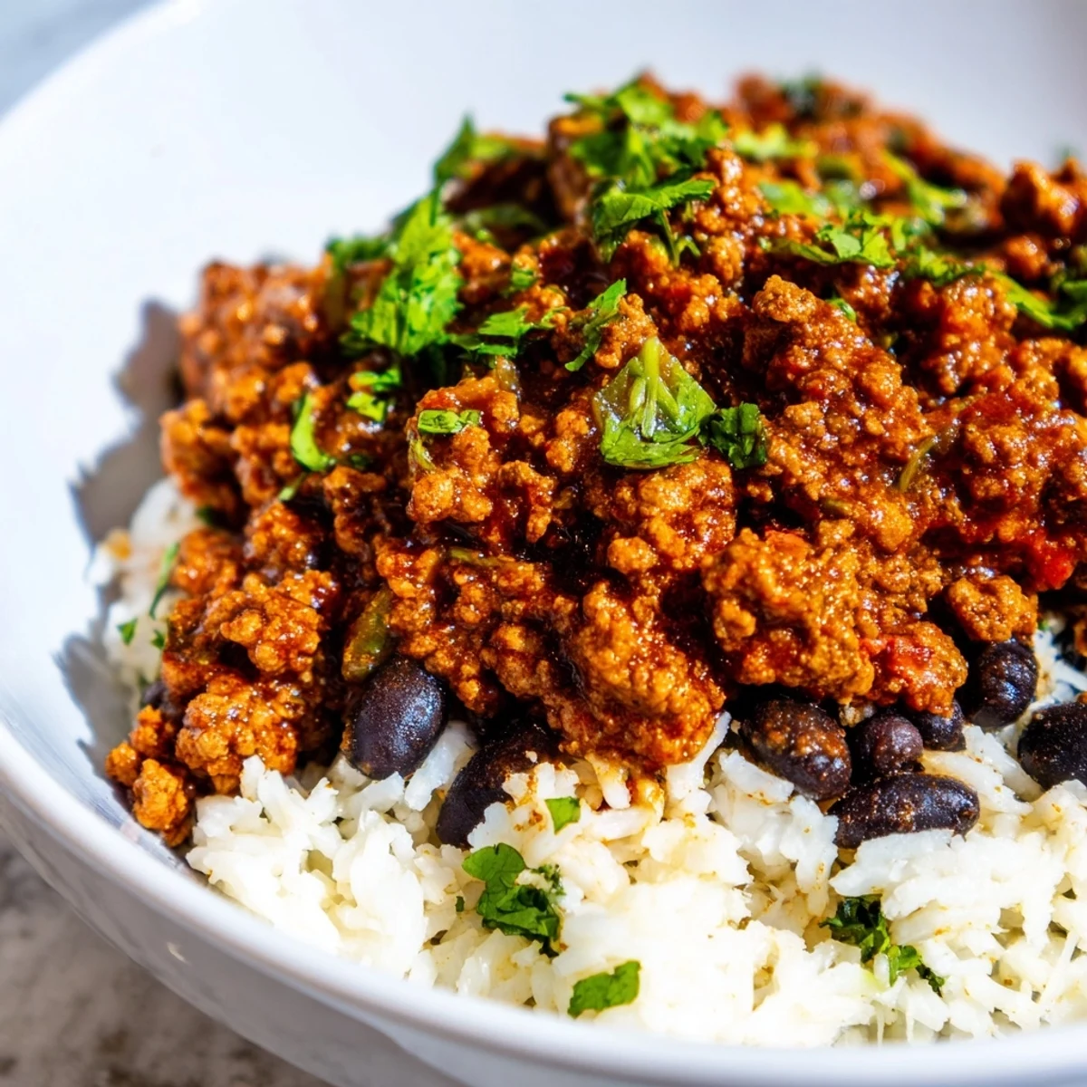 Serving suggestion for Beef Burrito Bowls with Rice and Black Beans, showing a colorful bowl with seasoned ground beef, lime wedges, and cilantro garnish.