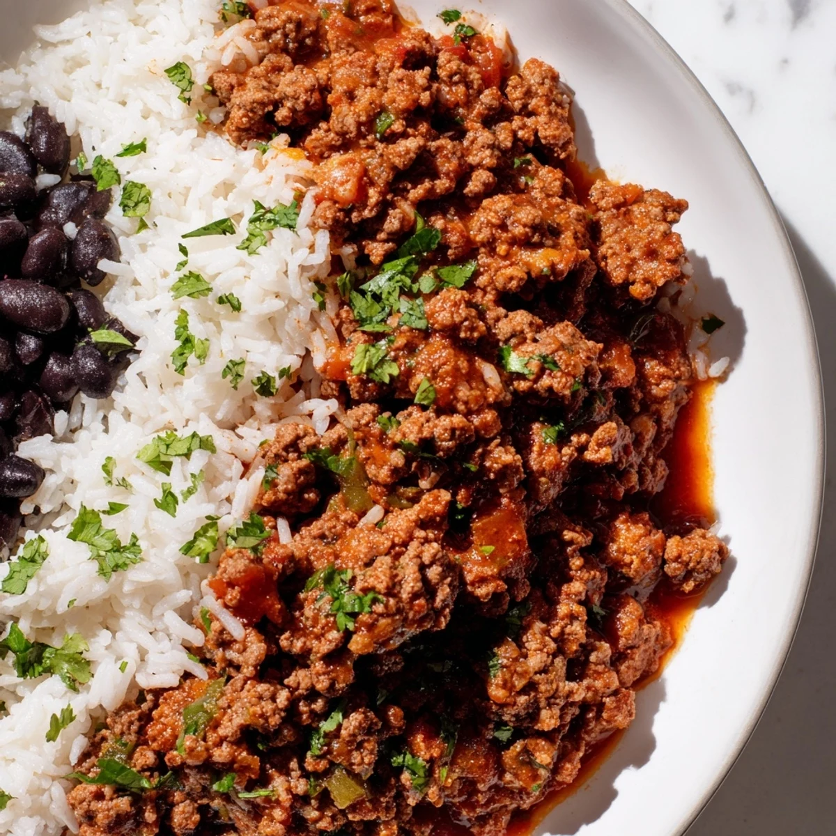 Vibrant Beef Burrito Bowls with Rice and Black Beans layered with seasoned beef, fluffy rice, black beans, and fresh toppings on a rustic table.